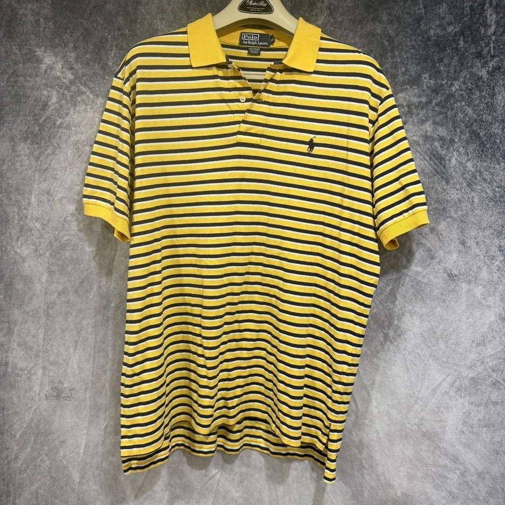 Ralph Lauren Polo Shirt Mens XL Yellow Blue Striped Short Sleeve Golf Preppy